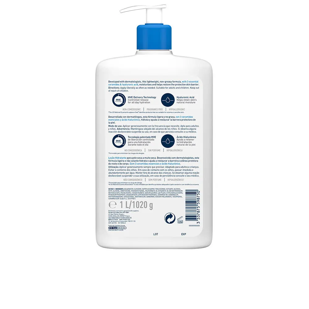 LOCIÓN hidratante cuerpo y rostro con fórmula ligera enriquecida con ácido hialurónico 1000 ml
